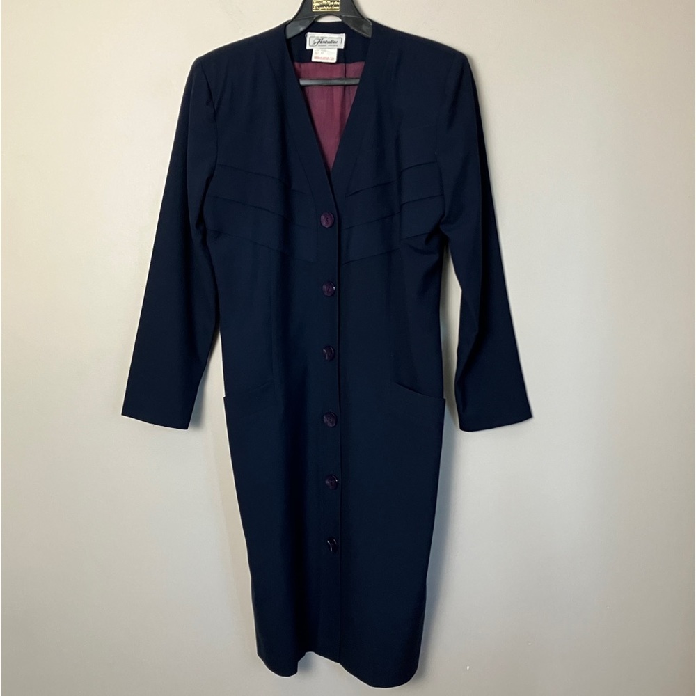Vintage dress 100% wool button-up navy blue v-neck retro rockabilly - Picture 6 of 12
